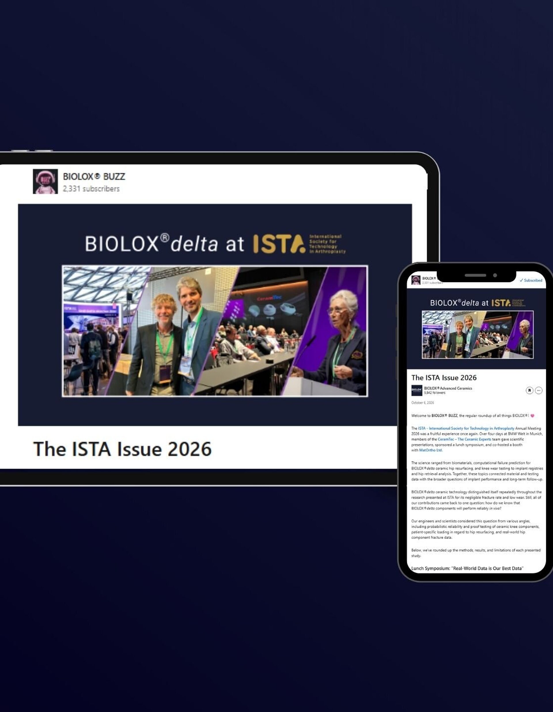 Tablet and smartphone display the BIOLOX® BUZZ ISTA 2026 newsletter featuring BIOLOX® delta.