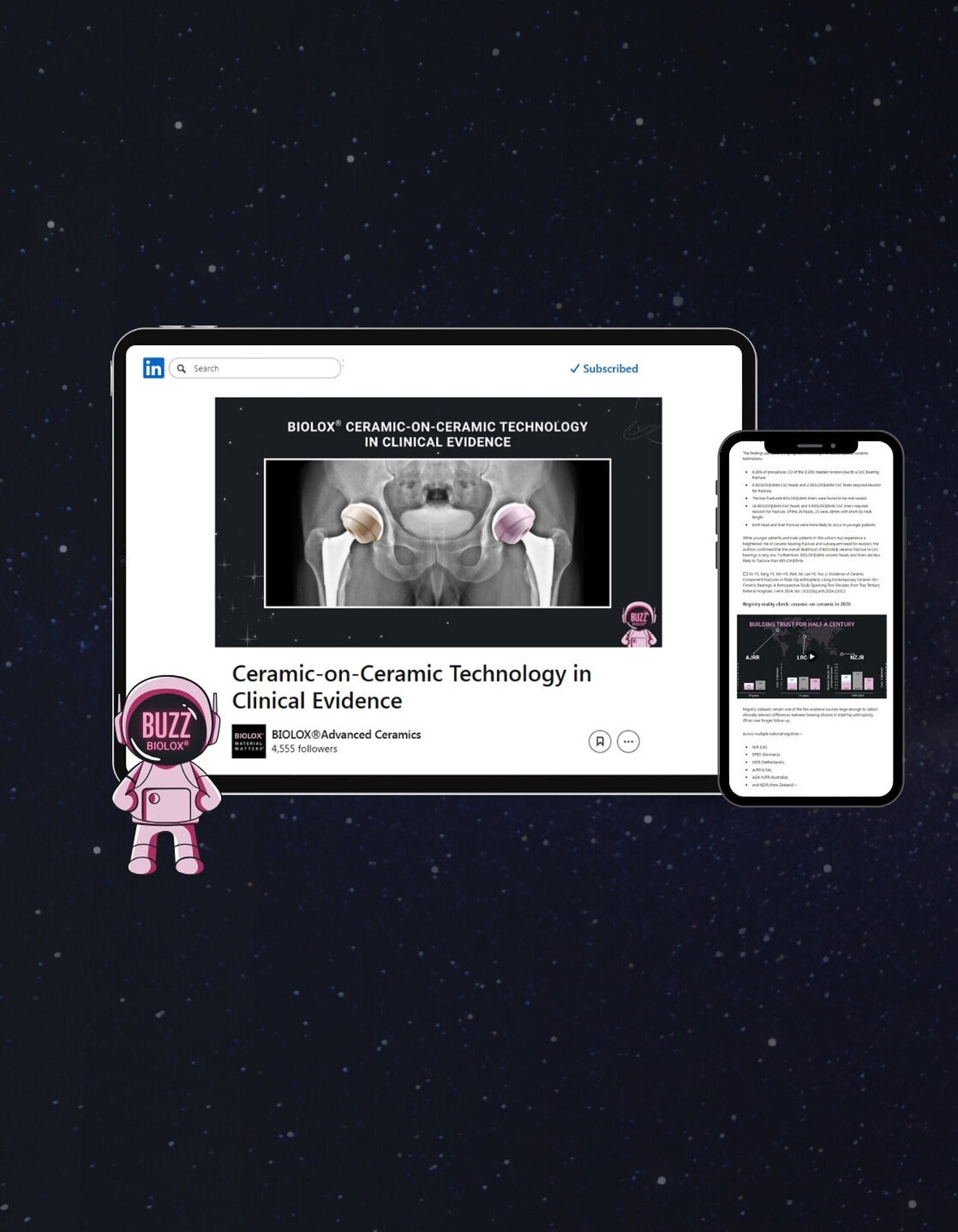 Tablet and smartphone displaying BIOLOX® BUZZ Issue 11 LinkedIn newsletter on ceramic-on-ceramic bearing technology in clinical evidence.
