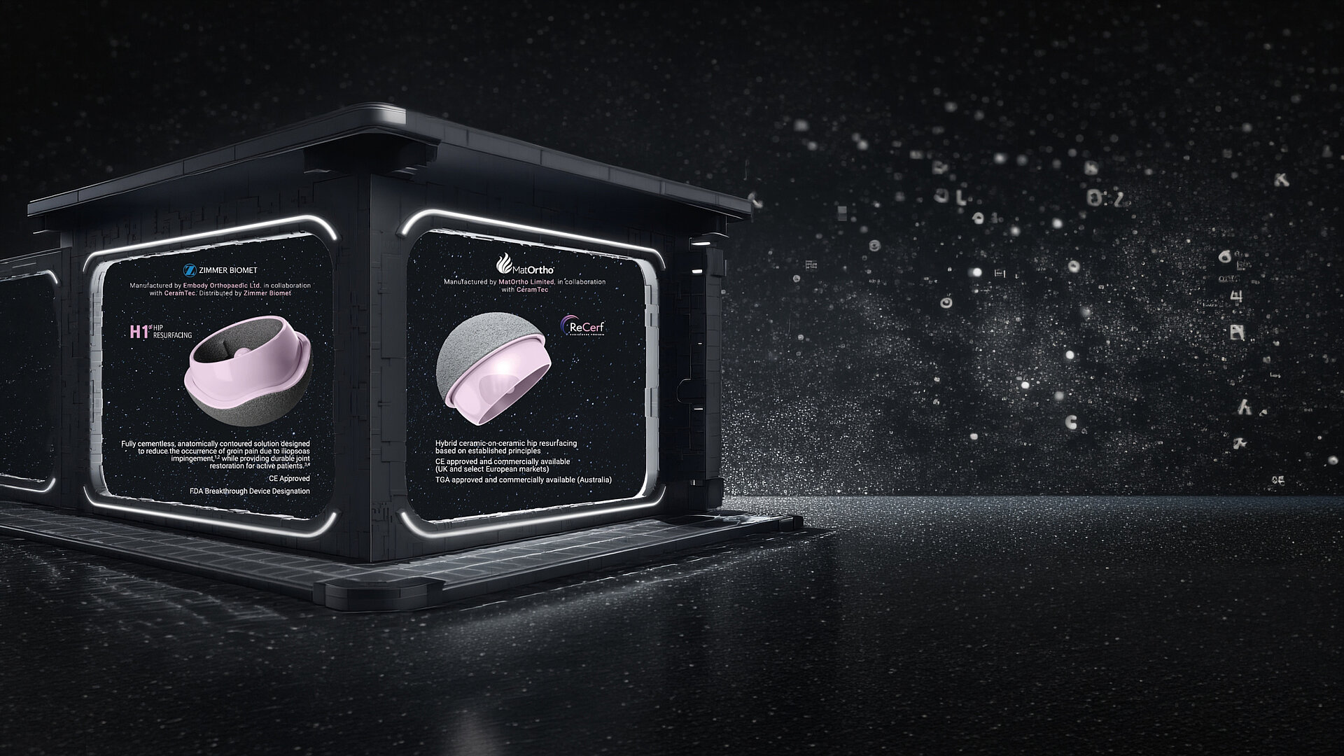 Promotional graphic showing a futuristic exhibition structure with illuminated displays of ceramic hip resurfacing components, including H1® Hip Resurfacing and ReCerf®. The scene is set against a dark, abstract background, representing participation at the London Hip Meeting in London on April 23, 2026.